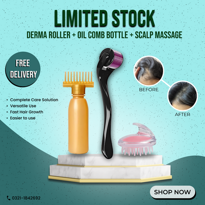 Deal 1 Derma Roller, 1 Silicon Scalp Massage Brush, Comb Bottle (Free Delivery)