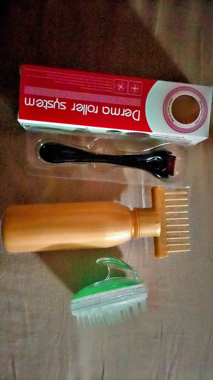 Deal 1 Derma Roller, 1 Silicon Scalp Massage Brush, Comb Bottle (Free Delivery)